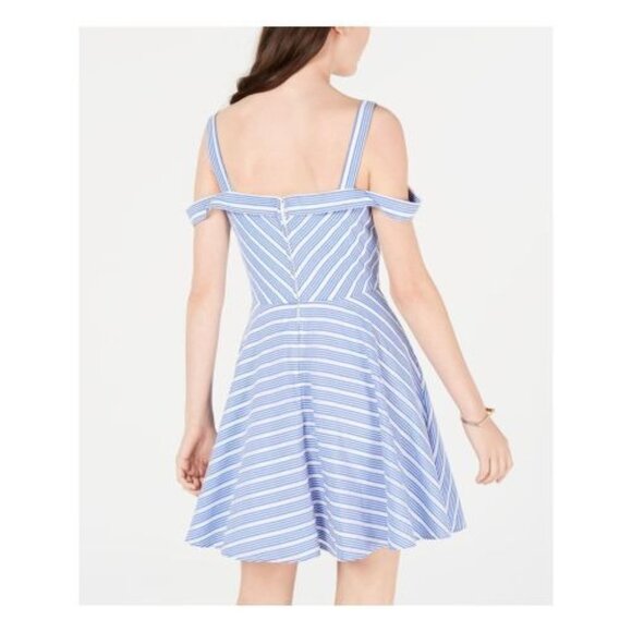 City Studio Blue Striped Sleeveless V Neck Above Knee Fit Flare Dress Juniors 11 - Picture 2 of 3